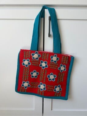 Embroidered Red Tote Bag with Flowers